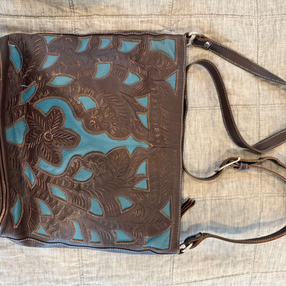Brown and Teal Leather Women Bag